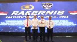 Ditreskrimsus Polda Bengkulu meraih penghargaan peringkat pertama nasional kategori penyelesaian perkara Tipidkor 2025 dari Kortastipidkor Polri dalam Rakernis Polri 2026 di Jakarta.