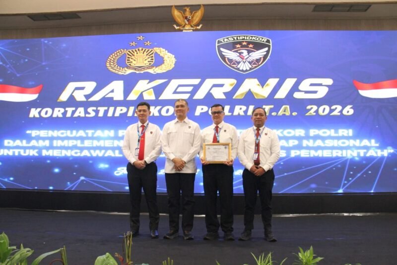 Ditreskrimsus Polda Bengkulu meraih penghargaan peringkat pertama nasional kategori penyelesaian perkara Tipidkor 2025 dari Kortastipidkor Polri dalam Rakernis Polri 2026 di Jakarta.