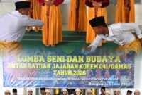 Korem 041/Gamas menggelar Perlombaan Seni dan Budaya Antar Satuan Tahun 2026 sebagai upaya melestarikan budaya bangsa dan mempererat kebersamaan prajurit.