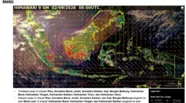 Citra satelit Himawari-9 BMKG menunjukkan sebaran asap dan titik panas di sejumlah wilayah Indonesia pada 2 September 2026 pukul 15.00 WIB. Asap terdeteksi di beberapa wilayah Sumatera dan Kalimantan, serta bergerak lintas batas menuju Malaysia, Brunei Darussalam, dan Filipina.