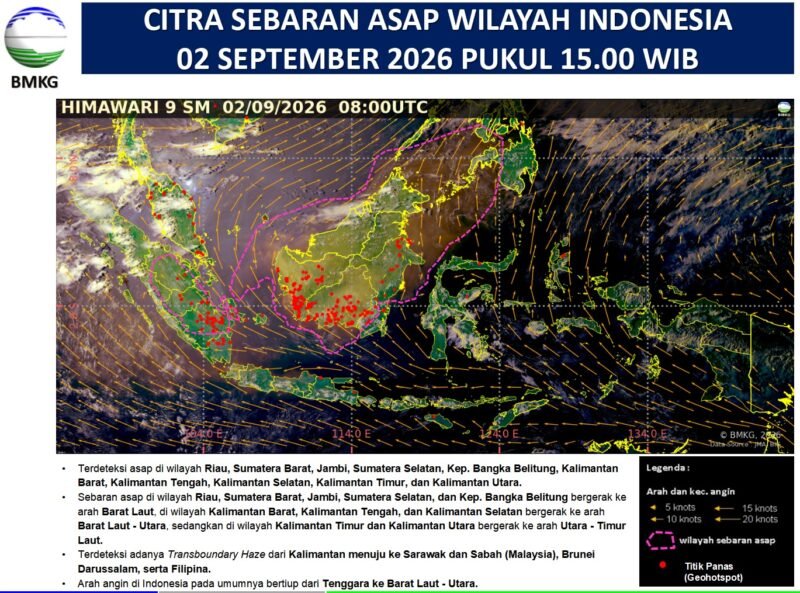 Citra satelit Himawari-9 BMKG menunjukkan sebaran asap dan titik panas di sejumlah wilayah Indonesia pada 2 September 2026 pukul 15.00 WIB. Asap terdeteksi di beberapa wilayah Sumatera dan Kalimantan, serta bergerak lintas batas menuju Malaysia, Brunei Darussalam, dan Filipina.